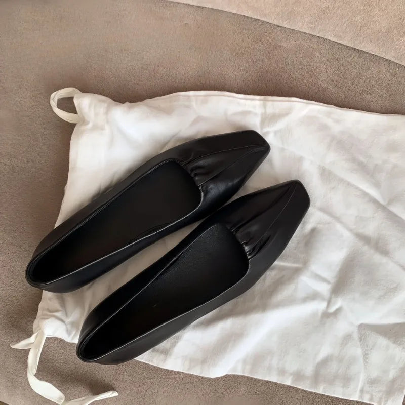 Black Ballet Flats Shoes Square Toe Crumpleâ€?Leather Elegant Shoes Shallow Slip on Loafers