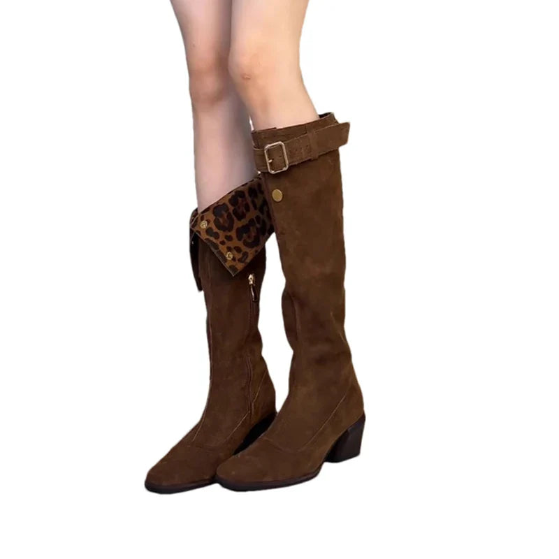 Leopard Knee High Boots High Heels Shoes Warm Long Boots Suede Pumps Chunky Chelsea Boots Snow Botas
