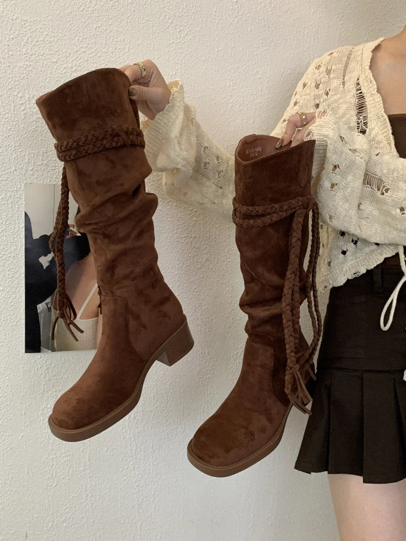 Brown Suede Boots Woman Round Toe Fall Gothic Shoes Chunky Heels Knee High Boots Western Style Shoes
