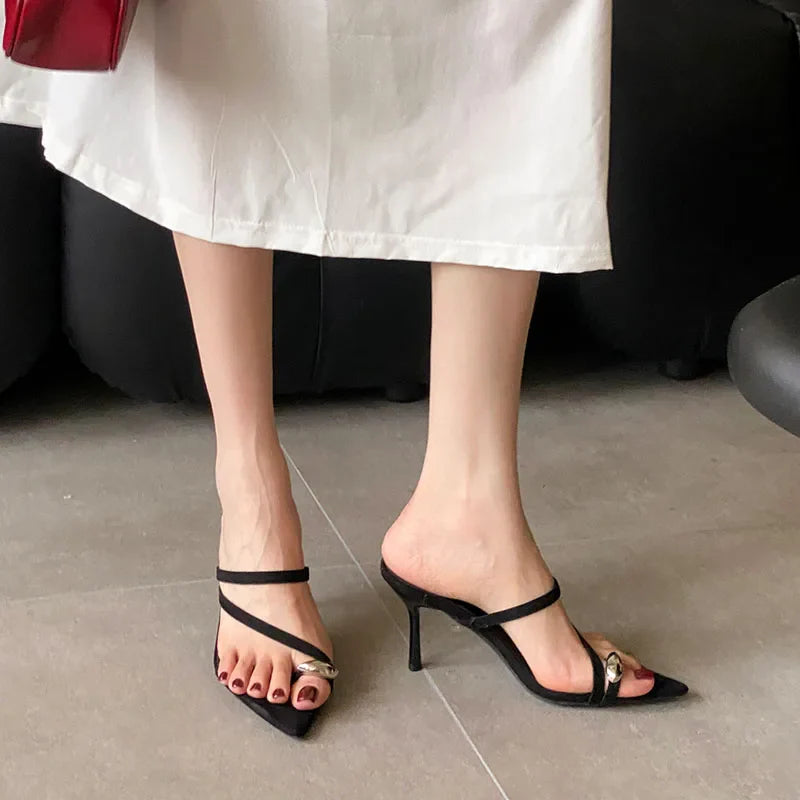 Pointed Toe High Heels Pumps Slides Shoes Slip Metal Thin Heels Shoes Flip flops