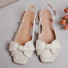 genuine leather slingback slip-on flats sandals square toe sweet bowtie korean style flats sandalias shoes