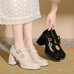 Shallow Mouth High Heel Leather Shoes Slip On Mary Jane Chunky Sandals Increasing Height Clogs
