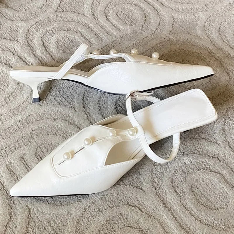 Woman Pumps String Pearl Pointed Toe Thin Low Heels Shoes Elegant Buckle Strap Zapatos De Mujer