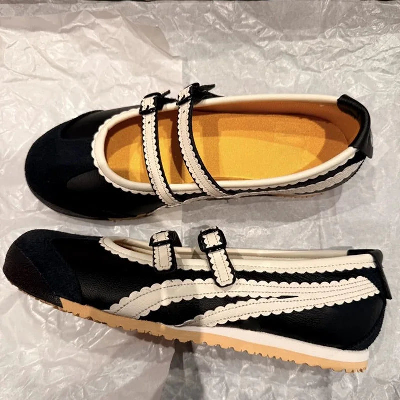 Vintage Round Toe Shallow Mouth Velcro Sports Flat Ballet Shoes Mary Jane Shoes German Training Shoes