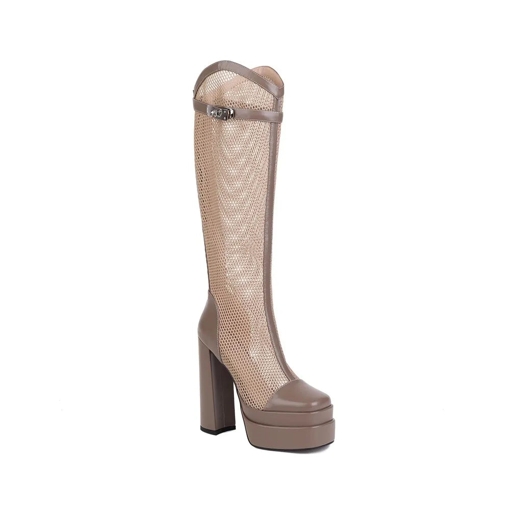 Brand Design Metal Lock High Chunky Heel Double Platform Round Toe Knee-high Cool Mesh Boots Dance Shoes Size 33-46