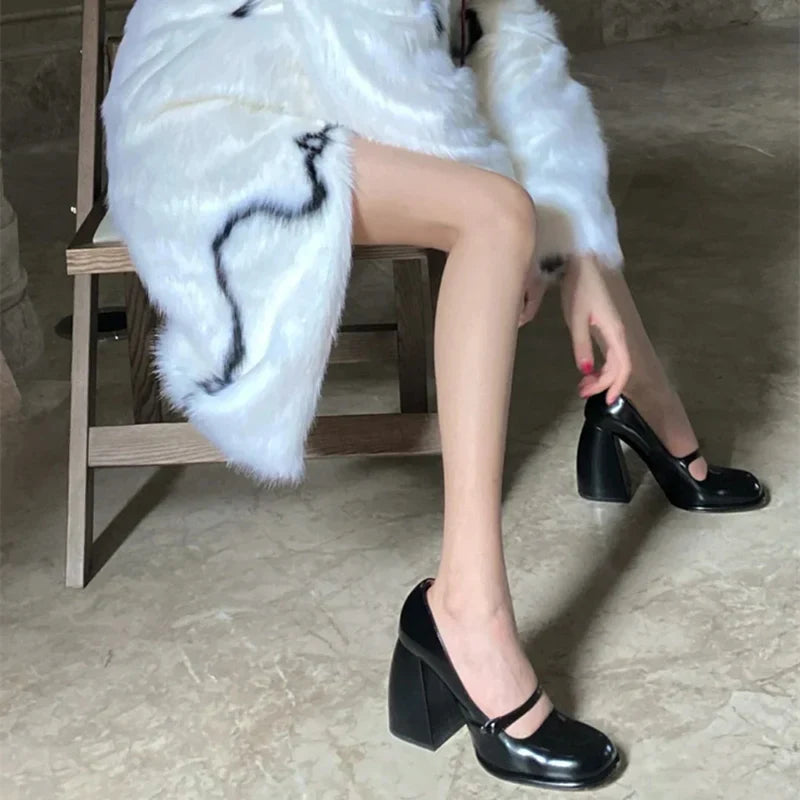 Round Toe Mary Jane Shoes Retro Buckle High Heels Party Thick Soled Pumps Zapatos De Mujer