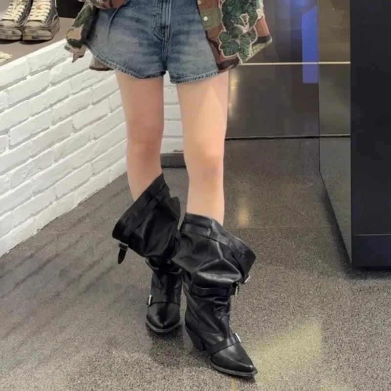Vintage Pleated Belt Buckle Faux Suede Knee High Boots High heels Western Cowboy Knight Boots Shoes