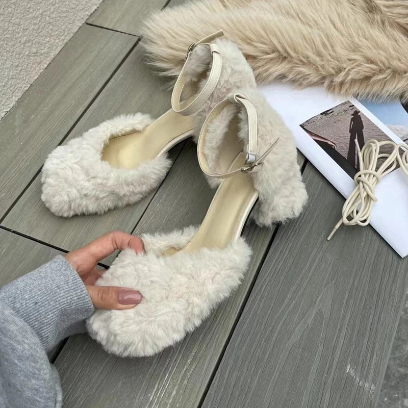 Brand Sandal Furry Elegant Square Low Heel Dress Pumps Shoes Outdoor Slingback Shoes