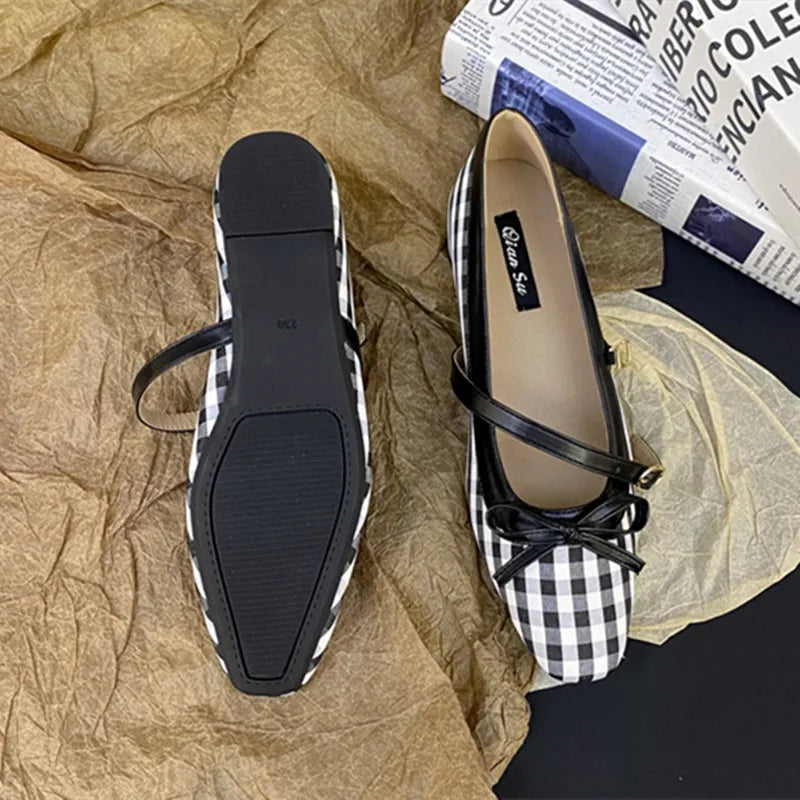 High Quality Checkered Design Mary Jane Shoes Inner Height Increase Flat Ballet Shoes Comfortable Soft Bottom