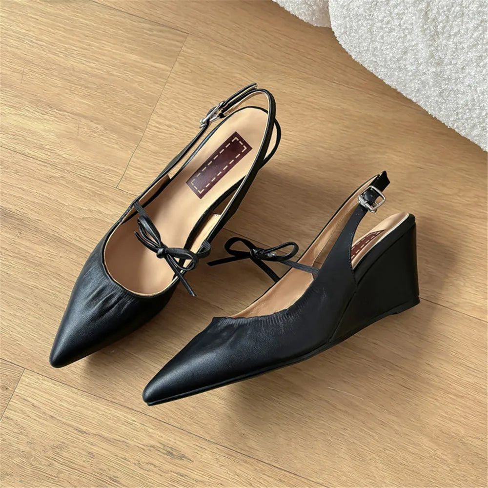 Genuine Leather Slingbacks Pumps Pointed Toe Silver Black Wedges Heels Shoes Woman Pumps