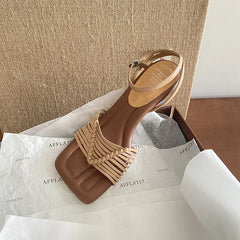 woven square toe strange heel buckle strap shoes