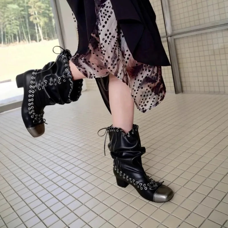Vintage Pleated Mid-Calf Boots Cross-tied Square Toe Mid Heels Leather Novelty Concise Shoes
