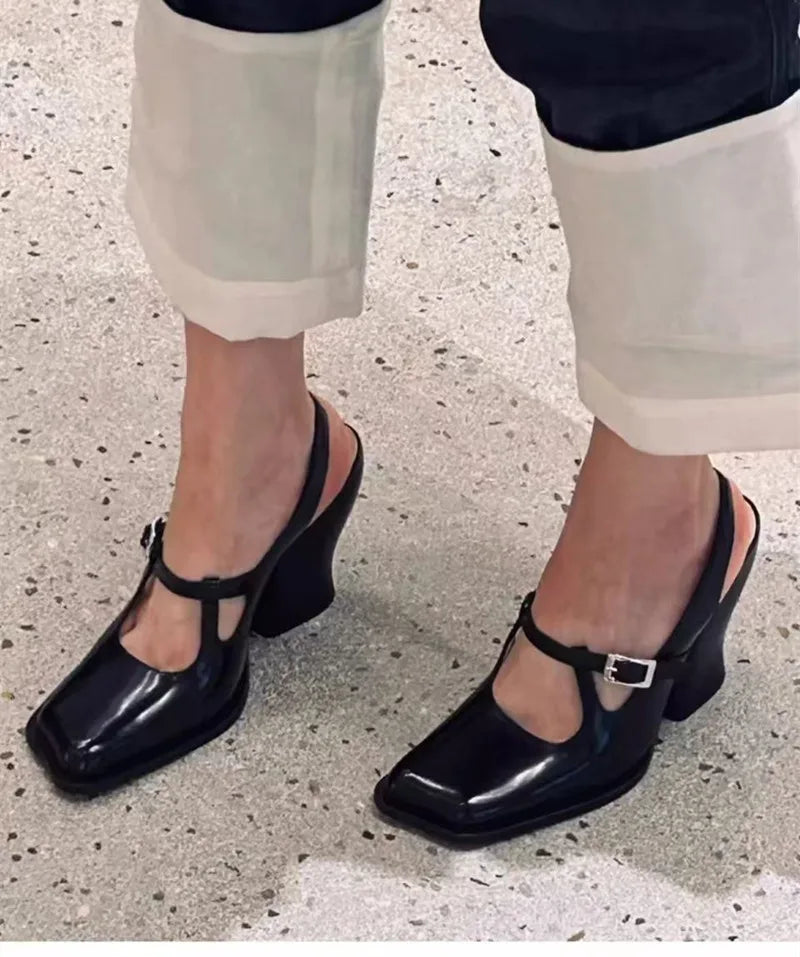 Black Patent Leather Mary Janes Slingbacks Wave Toe Chunky High Heels Office Lady Daily Shoes