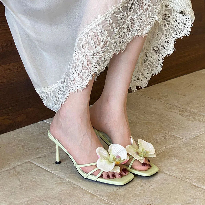 Slip Square Toe High Heels Pumps Slides Shoes Flower Thin Heels Shoes 2025