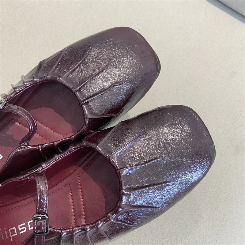 Pleated Mary Janes Flats Shoes Square Toe Pu Leather Comfortable Elegant Red Shoes Shallow Black Ballet Flats