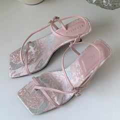 High Quality Original Elegant Satin Floral Design Heels Ankle-Wrap Clip Toe