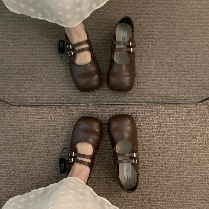 Vintage Slip On Loafers Casual Square Toe Ankle Strap Buckle Mary Jane Shoes Chunky Low Heel Pumps