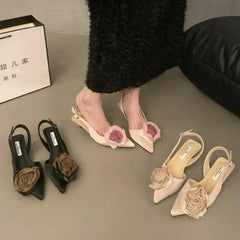 Flower Sandals Elegant Satin Mule Shoes Pointed Toe Pumps Low Heel Flowers Slingback Sandals