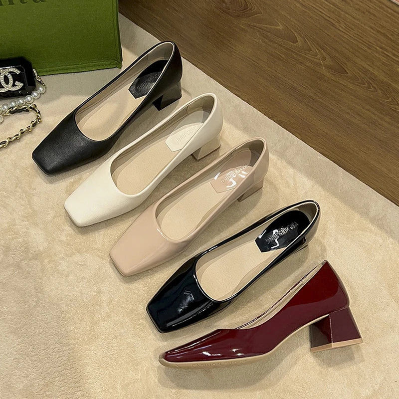 Solid Japanned Leather Pumps Woman Block High Heels Shoes OL Dress Work Escarpins Femmes Tacones Mujer
