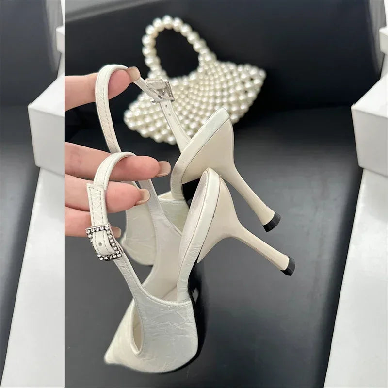 Elegant Slingbacks Thin High Heels Pointed Toe Buckle Strap Blue Party Heeled Sandals