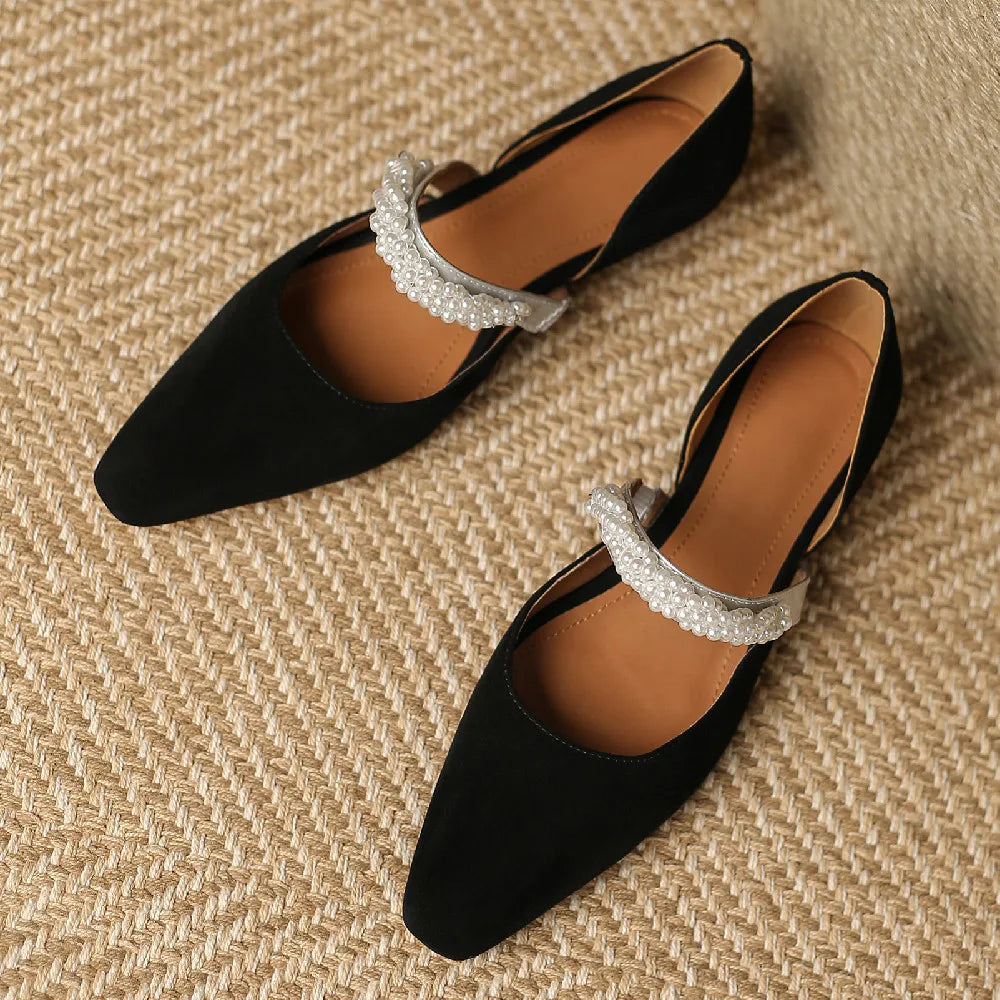 mary jane flats natural suede leather beading band pointed toe slip-on casual footwear daily shoes