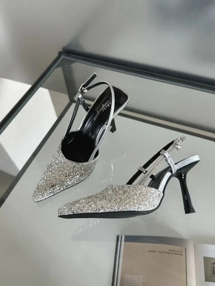 Bling Design Mules Sandals Pointed Toe Thin High Heels Back Strap Banquet Pums