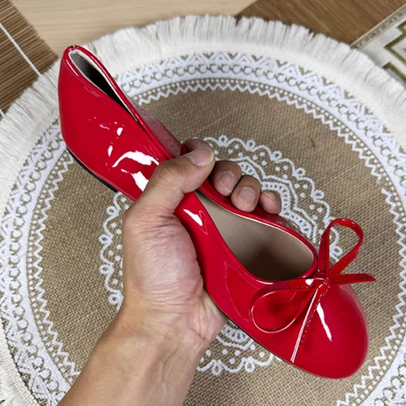 Round Toe Ballet Flats Spongy Bottom Hot Italian Shoes Patent Leather Classic Bow-Knot Dressing Slip-On 34 48 47