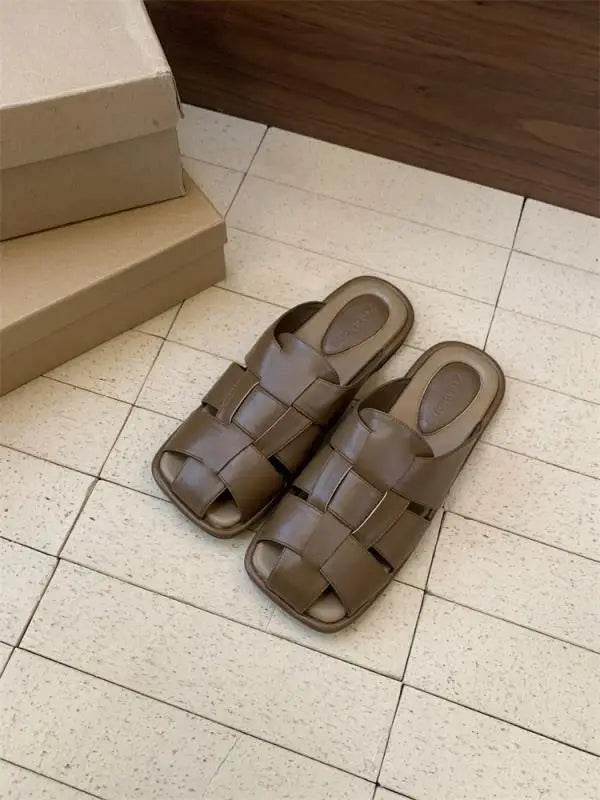 Slippers Shoes Low Slides Cover Toe Pantofle Fretwork Heels Flat Rubber PU Fabric Hoof Shoes Wo