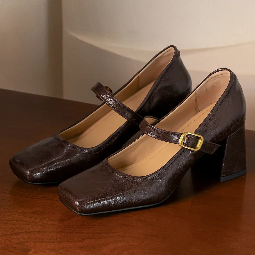 sheepskin square toe slip-on very Jane pumps 6.5cm thick high heel elegant evening dress heeled shoes