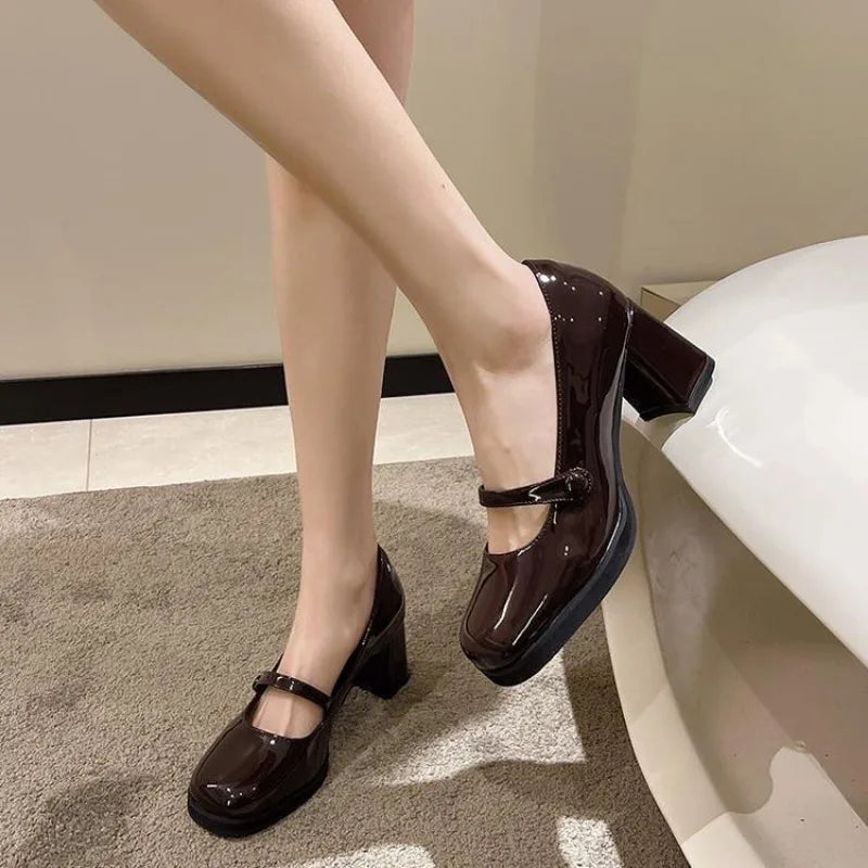 French Retro Leather Chunky Mary Jane Shoes Soft Soled Slip-on High Heels JK