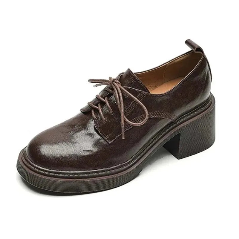 Womens Cowhide Lace Up Flat Shoes Oxford Round Toe Retro British High-Quality Soft Comfortable All Season Daily Shoes