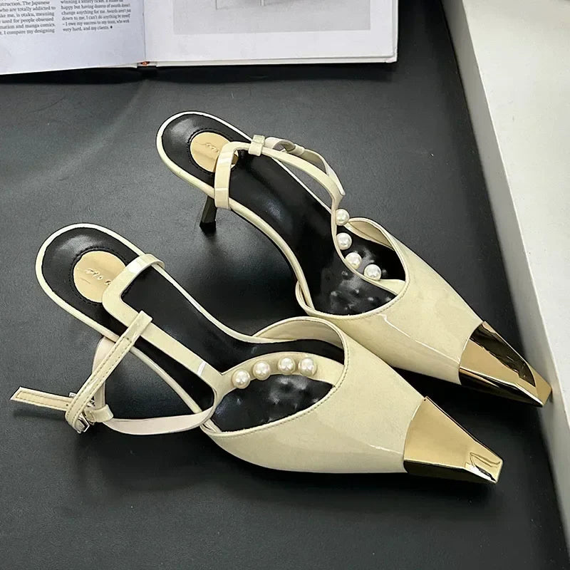 Metal Pointed Toe Thin High Heels T-Strap Pearl Elegant Party Pumps Sandals