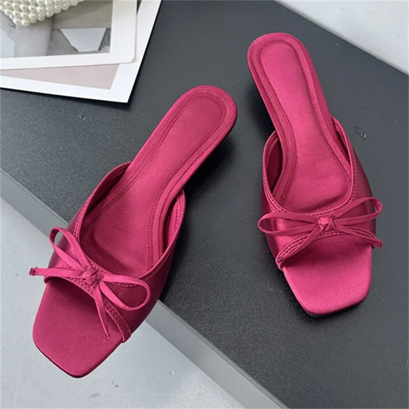 Butterfly-kont Slippers Elegant Square Toe Party Dress Sandals Low Heels Shoes Large Size 43