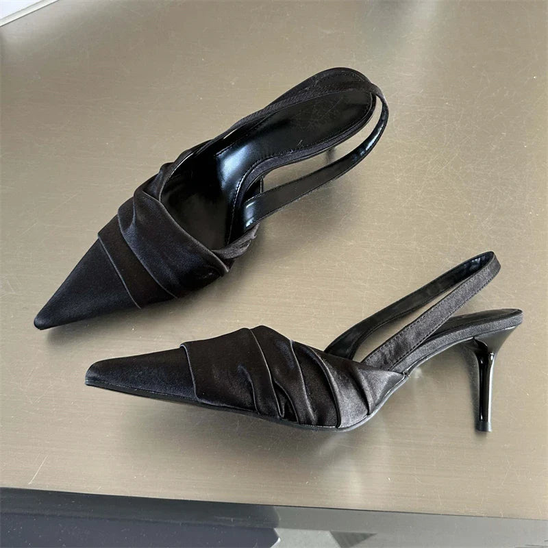 High Quality Satin Pleat Pointed Toe Pumps Slingbacks Thin Heels Shoes Banquet Party Sandals