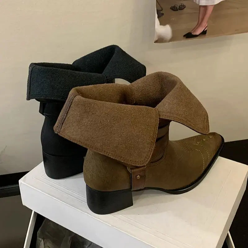 Black Chunky Heels Ankle Boots Woman Pointed Toe Rivet Fall Shoes Belt Buckle Western Style Cowboy Boots Zapatos Mujer