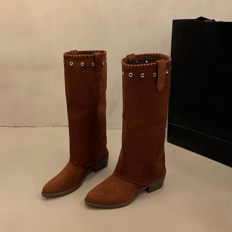 Vintage Thick Heel Western Cowboy Boots Button Combination Splicing Shoes Pipe Long Booties
