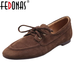 Ballet Flats Shoes Suede Leather Lace Up Casual Loafers Flats Heels Street Office Lady Loafers Shoe