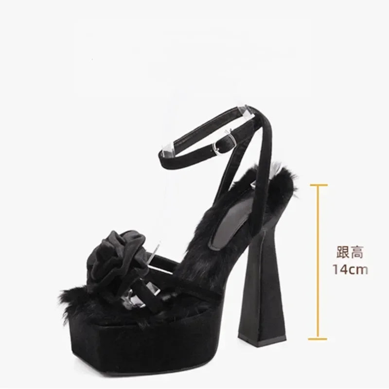 Elegant Super High 14cm High Heels Comfort Plush Design Chunky High Heel Sandals Banquet