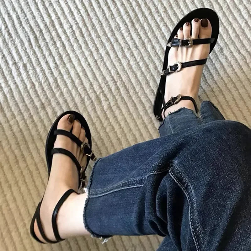 Multi Metal Buckle Design Flat Sandals Open Toe Ankle-Wrap Beach Roman Sandals Elegant