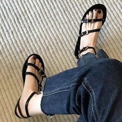 Multi Metal Buckle Design Flat Sandals Open Toe Ankle-Wrap Beach Roman Sandals Elegant