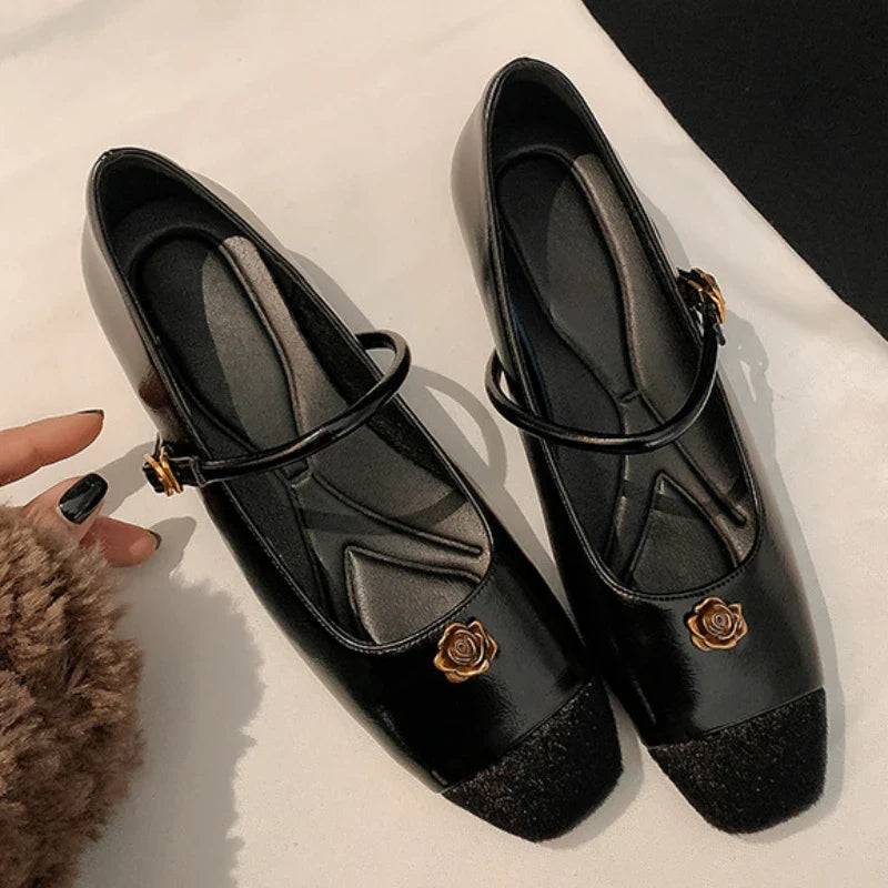 Simple Flower Mary Jane Shoes Round Head One Strap Vintage Metal Buckle Casual Office Square Heel Flat Shoes
