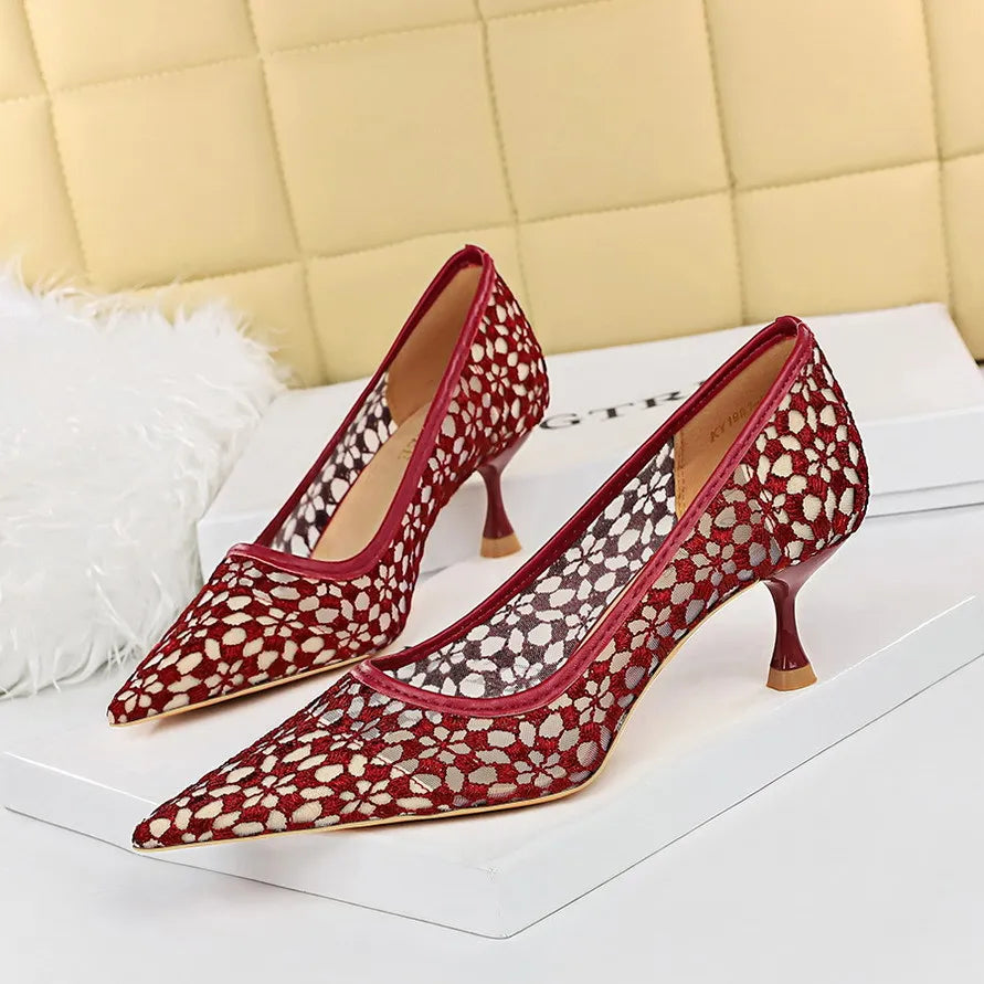 Shoes Banquet Shoes Fine Heel High Heel Pointed -headed Mesh Hollow Lace Shoes