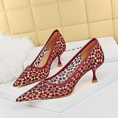 Shoes Banquet Shoes Fine Heel High Heel Pointed -headed Mesh Hollow Lace Shoes