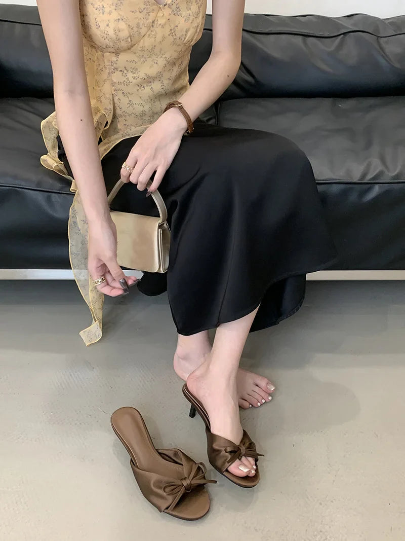 Silk Butterfly Knot Sandals Shallow Open Toe Thin Low Heels Mules Slides Shoes Zapatos Mujer