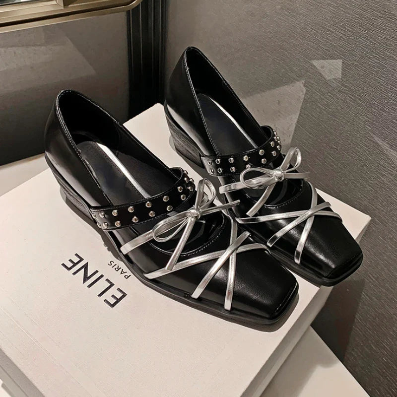 Rivet Platform Mary Jane Shoes Square Toe Pumps Cross Strap Bow Chunky Shoes
