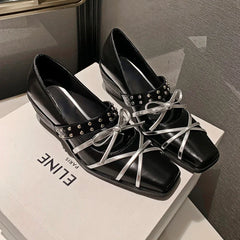 Rivet Platform Mary Jane Shoes Square Toe Pumps Cross Strap Bow Chunky Shoes