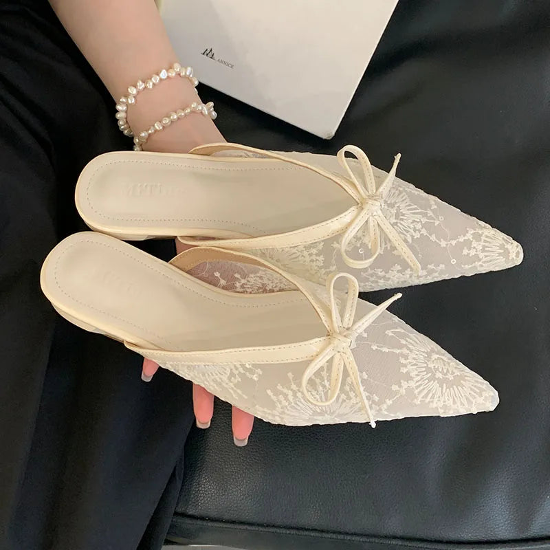 Butterfly-Knot Mesh Flats Slippers Mules Shoes Slides Pointed Toe Flats Sandals Shoes