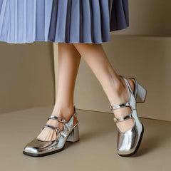 Plus Size 44 45 46 Black Silver Chunky High Heels Mary Jane Shoes Square Toe Double Buckle Pumps Slingback Sandals