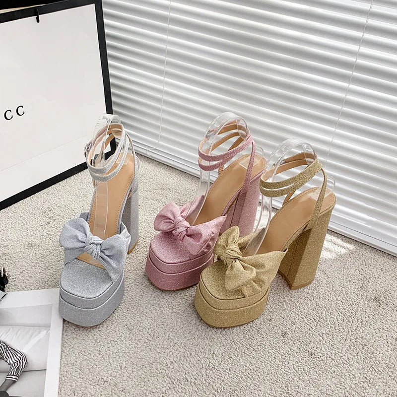 COOL GIRLS PINK PLATFORM HEELSSilver Gold High Heel Sweet Sandals Diamond Large Size Mary Jane Shoes