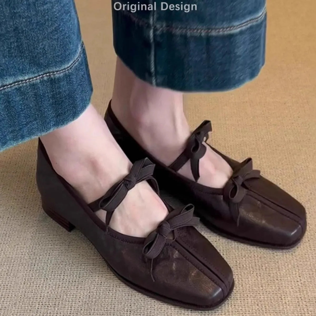 Genuine Leather Bow Decorated Ballet Shoes Mary Jane Style Flat Shoes Outdoor Casual Shallow Mouth Loafers Shoes Fashion